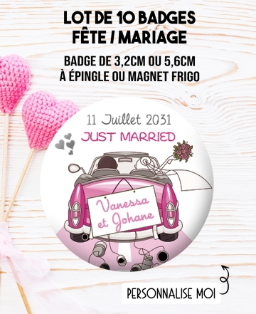 Badges personnalisés mariage voiture Just married - 10 badges à épingle ou magnet frigo