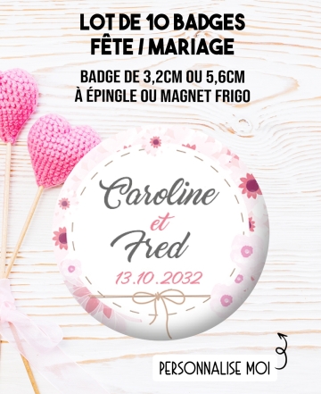 Badges personnalisés mariage champêtre. badges mariage. badges mariés