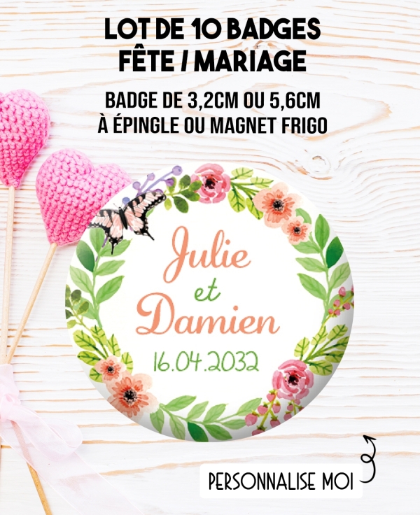 Badges personnalisés mariage couronne de fleurs. badges mariés.