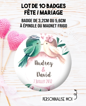 Badges personnalisés mariage oiseaux. badges couple. badges mariés. badges mariage