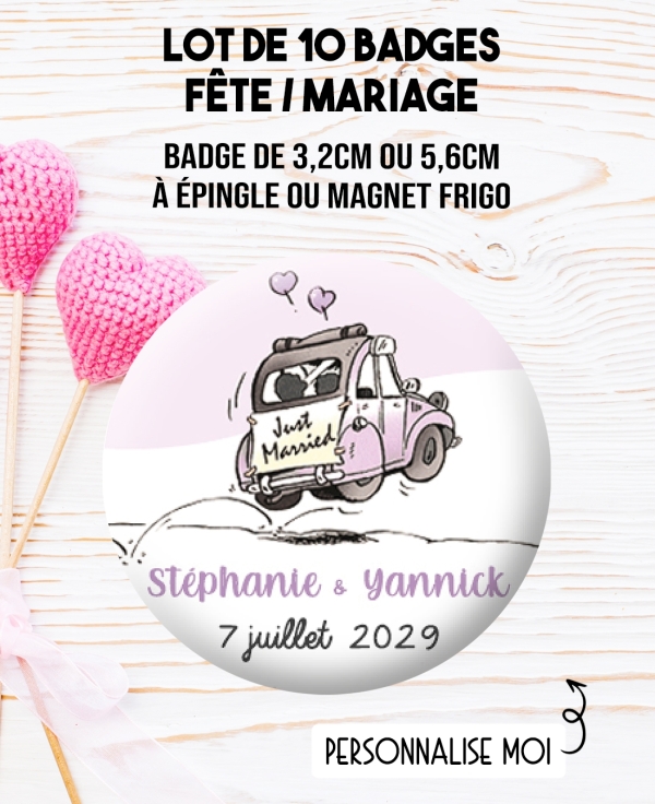 badges personnalisés mariage. badges voiture mariée. badges invité mariage