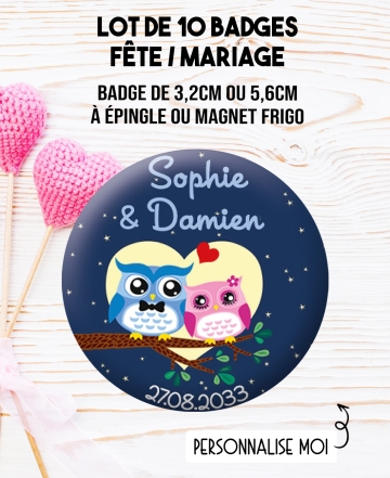 badges mariage couple. badge mariage personnalisé. badge hiboux. badge original mariage. badge couple hiboux.