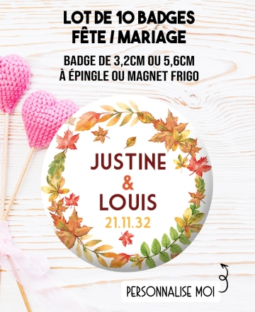 badges personnalisés mariage automne. badges mariage