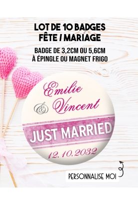 Badges personnalisés mariage Just married. badges mariage. badges couple. magnet mariade