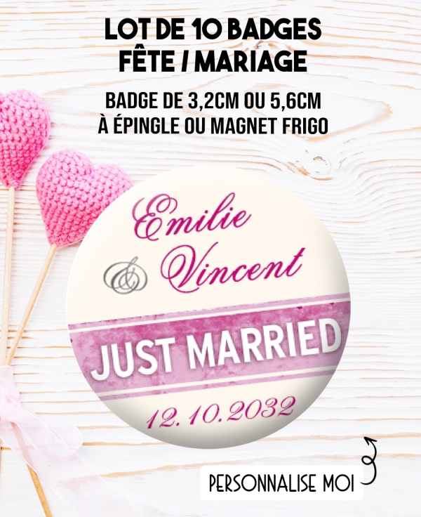 Badges personnalisés mariage Just married. badges mariage. badges couple. magnet mariade