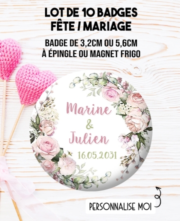 badges personnalisés mariage fleur champêtre. badges couple. badges mariage