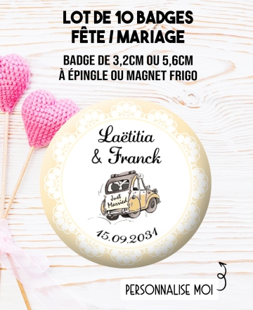 Badges personnalisés mariage voiture champêtre. badges mariage