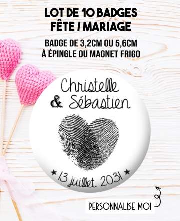 Badges personnalisés mariage empreinte cœur. badges mariage. badges couples