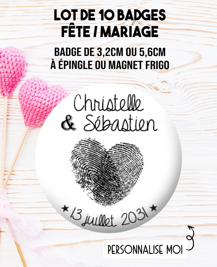 Badges personnalisés mariage empreinte cœur. badges mariage. badges couples