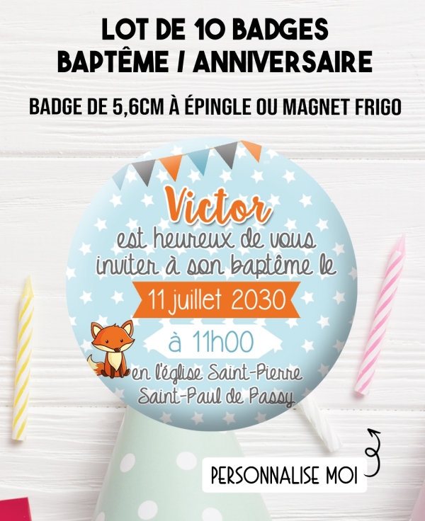 badges invitation baptême ou anniversaire renard. badges invitation. magnet invitation