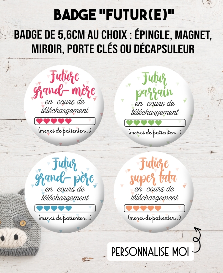 Badge 56mm "en cours de téléchargement". badge annonce grossesse