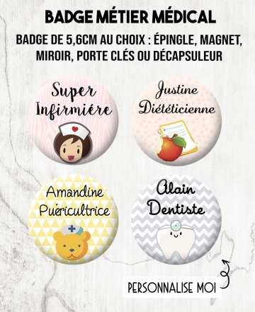 Badge Métier médical personnalisable, infirmière, aide soignante. badge prénom métier