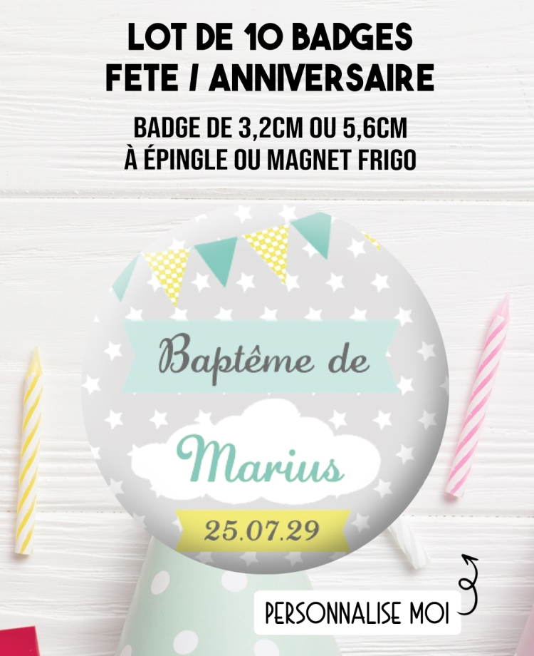 10 badges personnalisés baptême ou anniversaire nuage. badge anniversaire. badges fêtes. badge communion