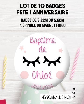 badges personnalisés baptême. badge anniversaire. badges personnaliser
