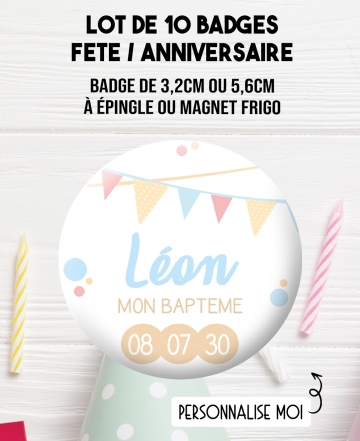 Badges personnalisés baptême ou anniversaire garçon fanion - 10 badges à épingle ou magnet frigo. badge anniversaire. badges fêt