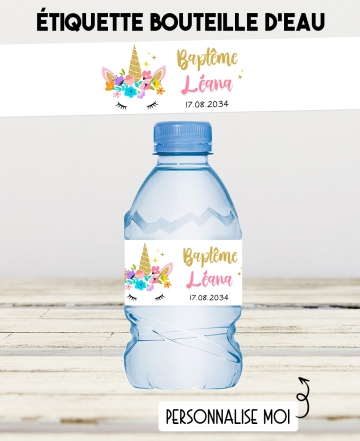 etiquette autocollante. etiquette licorne. étiquette bouteille eau. étiquette personnalisé. étiquette anniversaire fille