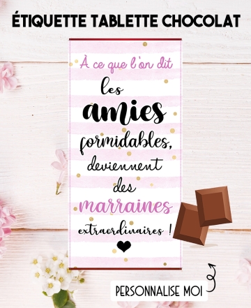 cadeau marraine, tablette chocolat marraine. Etiquette autocollante tablette de chocolat. demande marraine