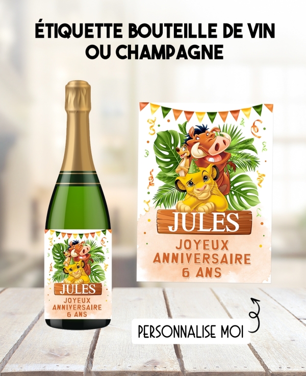 etiquette baptême Roi Lion. etiquette bouteille vin. etiquette bouteille Roi Lion. etiquette simba. etiquette champagne Roi Lion