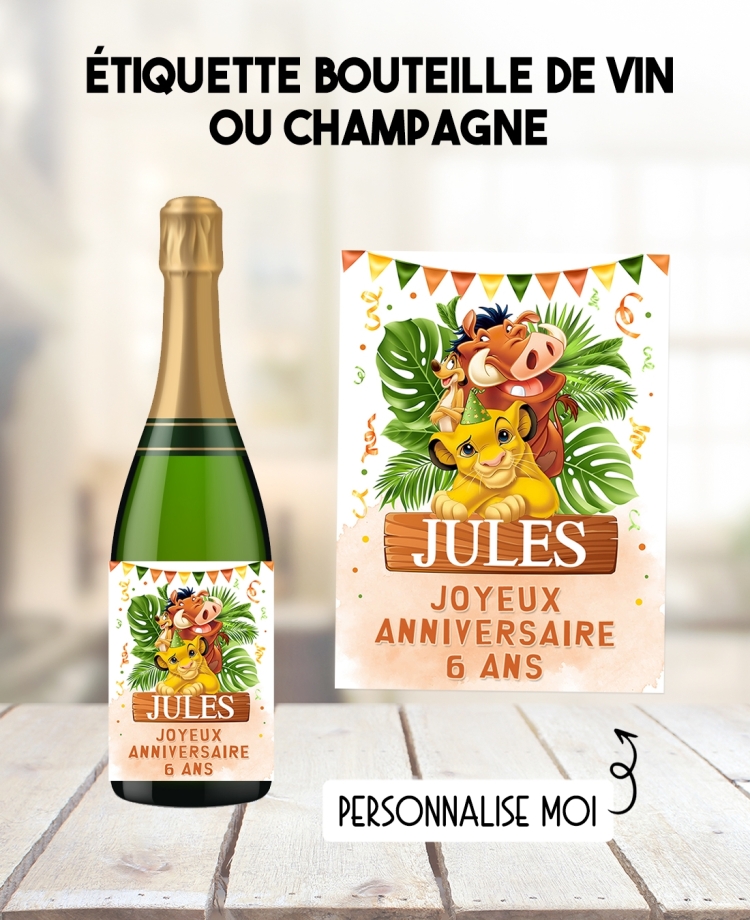 etiquette baptême Roi Lion. etiquette bouteille vin. etiquette bouteille Roi Lion. etiquette simba. etiquette champagne Roi Lion