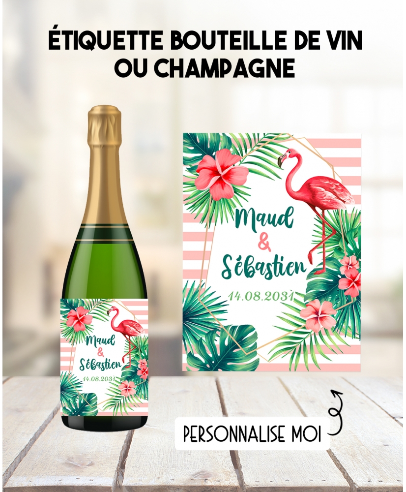 Etiquette bouteille de vin ou champagne pour mariage. étiquette anniversaire. etiquette tropical. etiquette personnalisé.