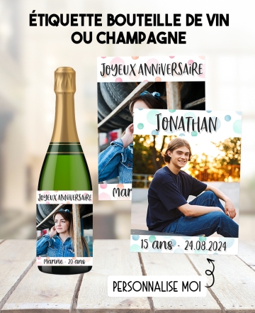 Etiquette bouteille champagne . étiquette anniversaire. étiquette photo. étiquette autocollante photo. etiquette bouteille photo