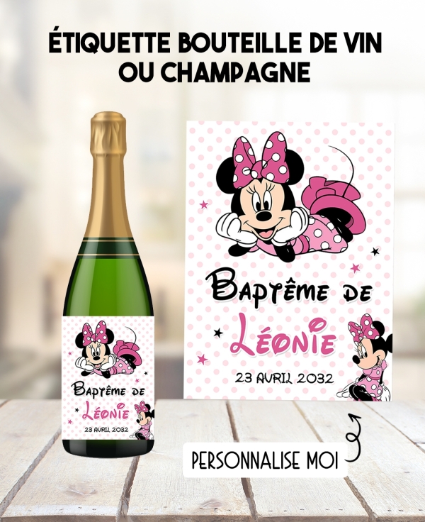 etiquette baptême. minnie. etiquette anniversaire. etiquette bouteille vin. etiquette bouteille minnie