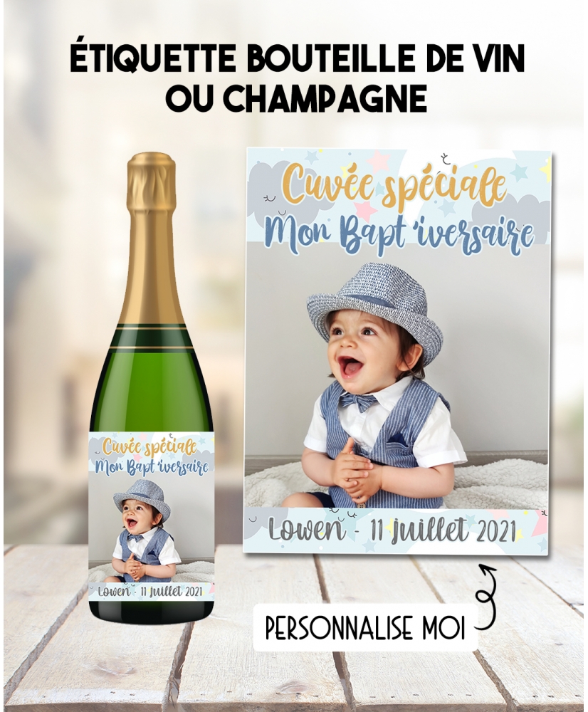 etiquette baptême. étiquette photo. etiquette anniversaire. etiquette bouteille vin. etiquette bouteille champagne.