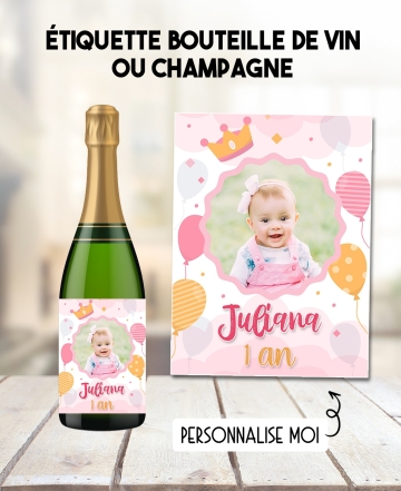 etiquette baptême fille. étiquette photo. etiquette anniversaire fille. etiquette bouteille vin fille