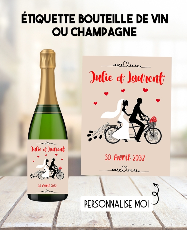 Etiquette bouteille de vin ou champagne pour votre mariage - vélo. etiquette mariage