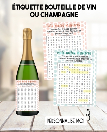 Etiquette bouteille de vin ou champagne mots mélés personnalisable