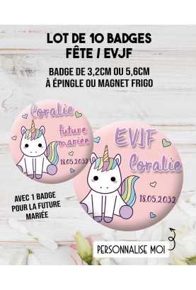 10 badges personnalisés "EVJF" licorne. badges EVJF. badges enterrement vie jeune fille. badge EVJF
