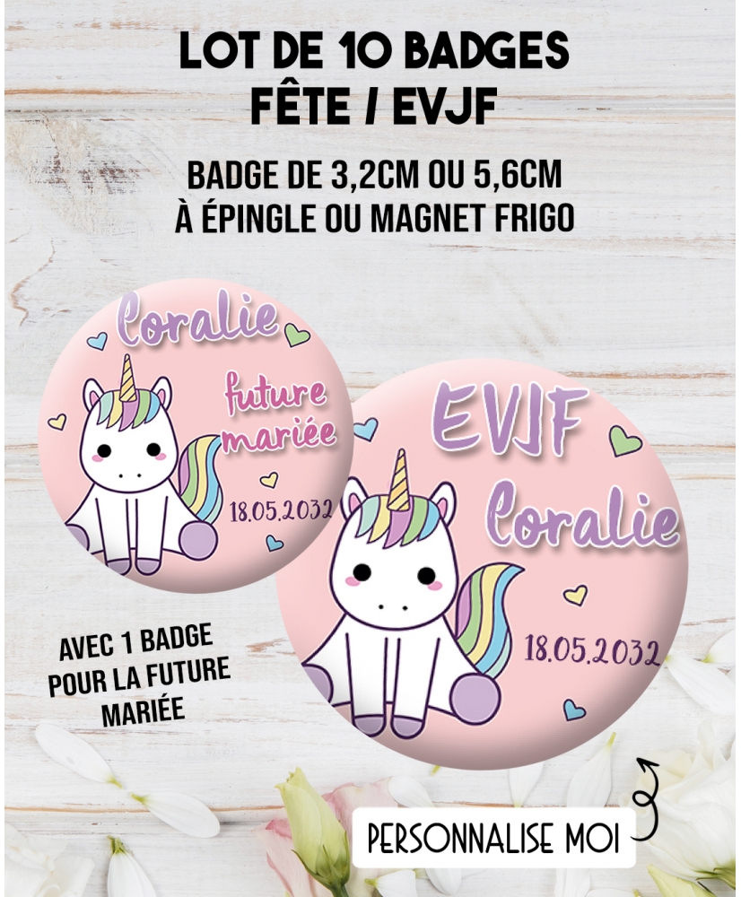 10 badges personnalisés "EVJF" licorne. badges EVJF. badges enterrement vie jeune fille. badge EVJF
