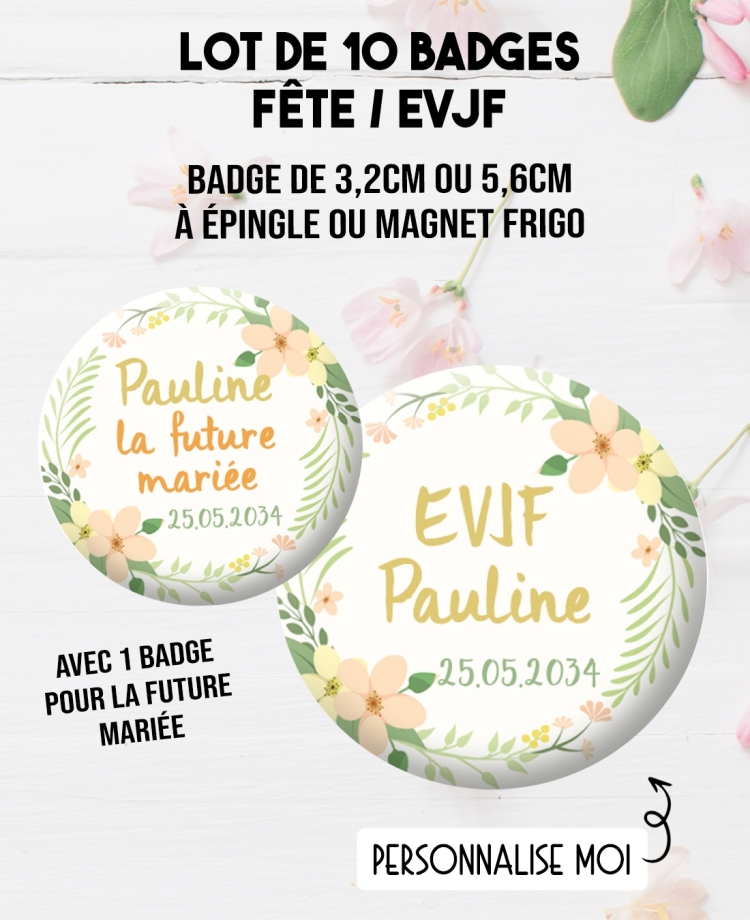 badges EVJF. Badge future mariée. badges enterrement vie jeune fille. 10 badges personnalisés "EVJF" fleur. badge future mariée
