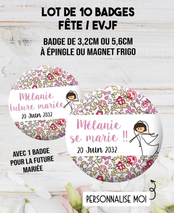 10 badges personnalisés "EVJF" liberty. badges EVJF. Badge future mariée. badges enterrement vie jeune fille.