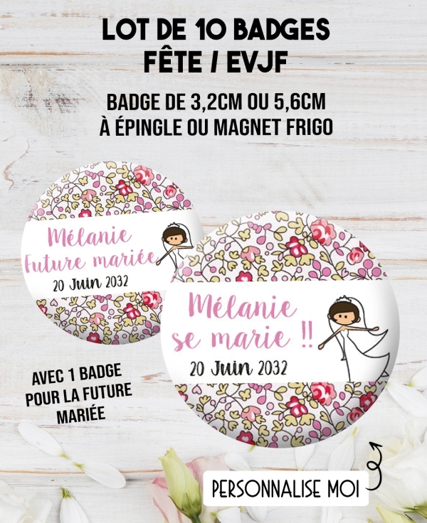 10 badges personnalisés "EVJF" liberty. badges EVJF. Badge future mariée. badges enterrement vie jeune fille.