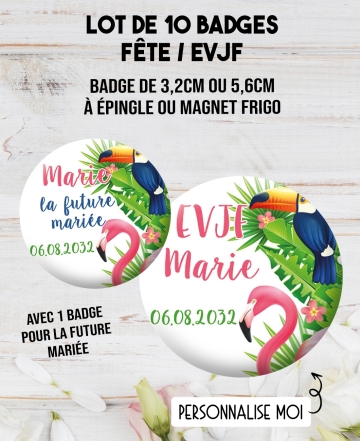 badges EVJF. Badge future mariée. badges enterrement vie jeune fille. badges tropical.10 badges personnalisés "EVJF" tropical
