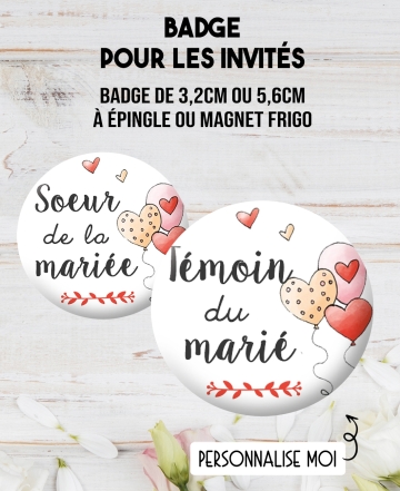 Badge pour les proches des mariés personnalisables. badges mariage. badges personnalisé mariage
