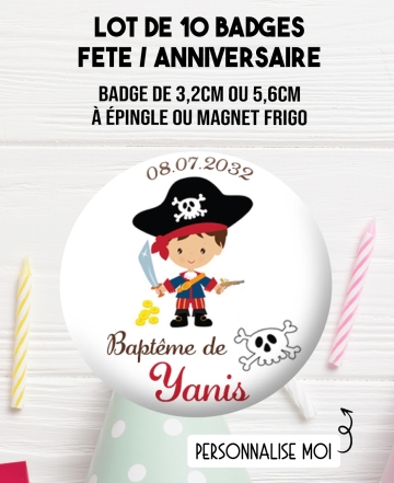 Badges personnalisés baptême pirate. badge baptême. badge anniversaire