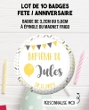 Badges baptême ou anniversaire jaune et gris personnalisés - 10 badges à épingles ou magnet frigo. badges anniversaire. badge fe