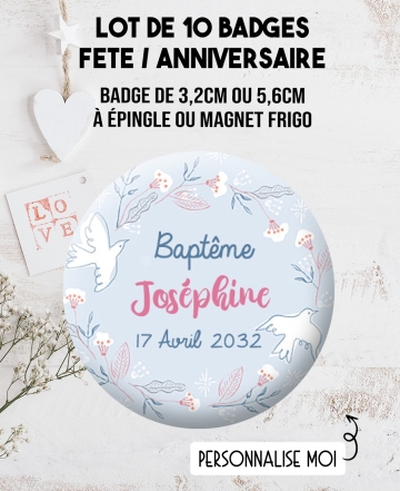 Badges personnalisés baptême ou anniversaire oiseaux - 10 badges à épingle ou magnet frigo. badges bapteme. badges anniversaire.