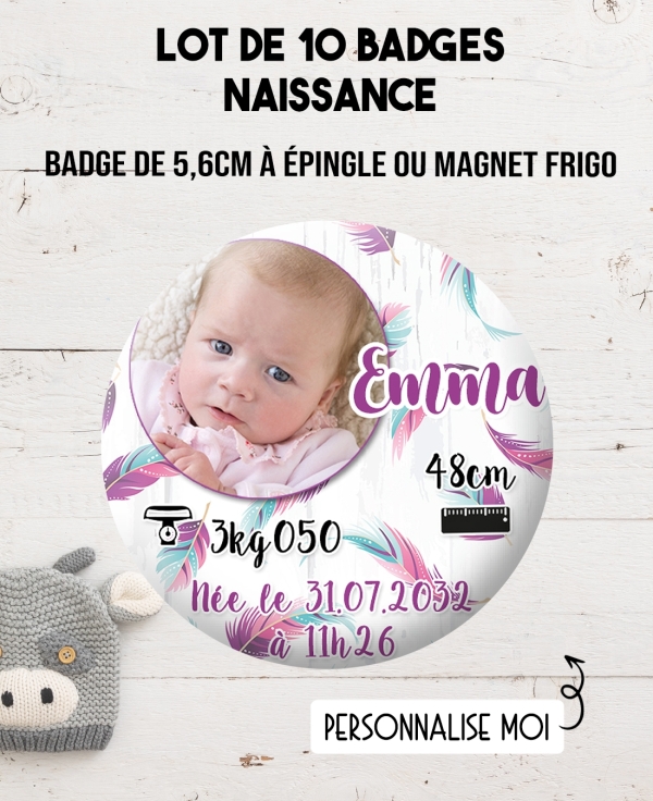 Badges naissance plume avec photo. badge magnet naissance. badges photo bebe
