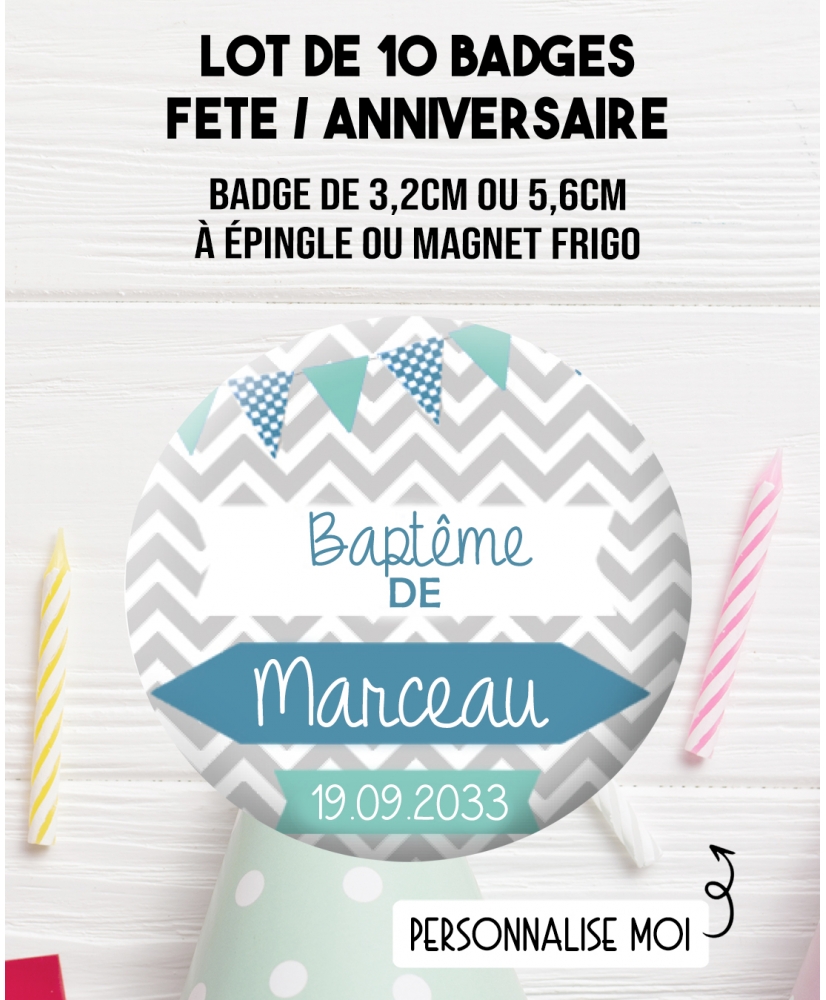 baptême garçon. badges bapteme garçon. badges bapteme bleu. badges personnalisé anniversaire. magnet anniversaire