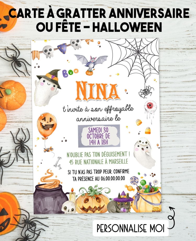 carte anniversaire halloween. carte fête halloween. carte gratter halloween. carte halloween fantôme. anniversaire halloween