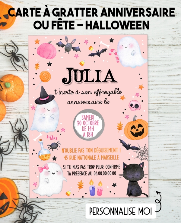 carte anniversaire halloween. carte fête halloween. carte gratter halloween. carte halloween fille