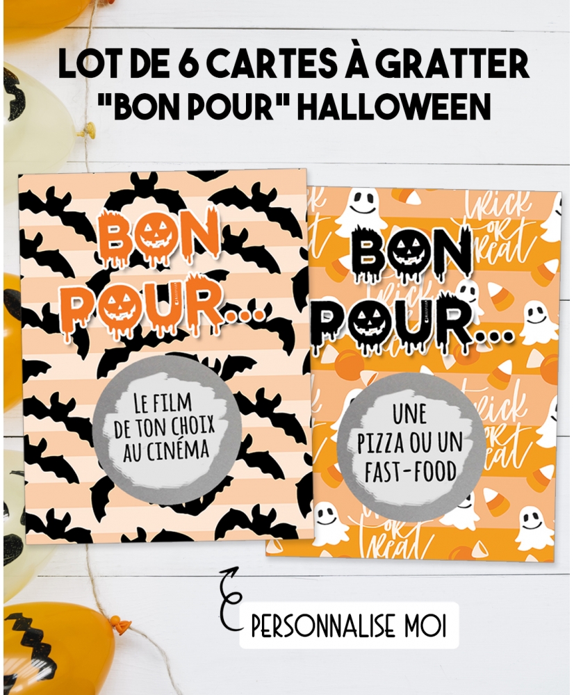 6 cartes à gratter "Bon pour" spécial Halloween. carte gratter Halloween. cadeau Halloween