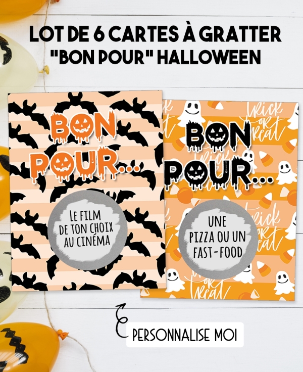 6 cartes à gratter "Bon pour" spécial Halloween. carte gratter Halloween. cadeau Halloween