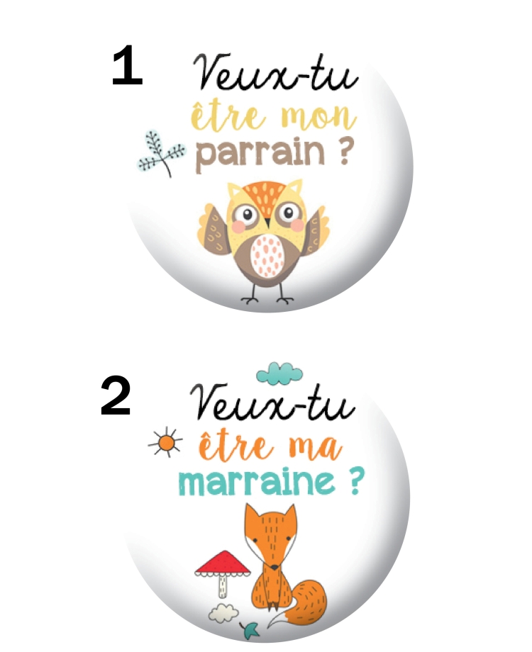 Badge parrain. Badge marraine. magnet parrain. magnet marraine