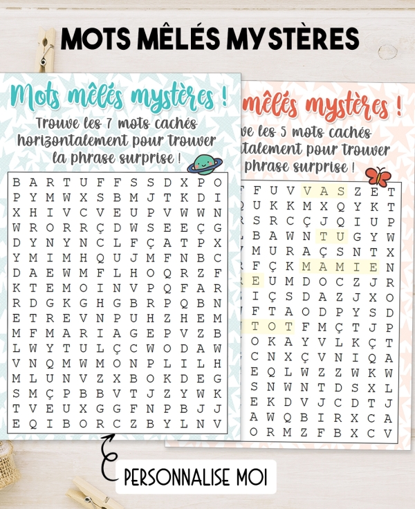 Mots mêlés mystères pour annonce ou demande originale. annonce grossesse. annonce bébé. annonce mot mélé