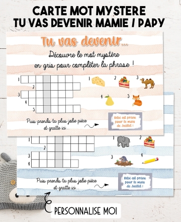 Carte mot mystère annonce grossesse - papy et mamie. jeu pour annoncer prénom bébé