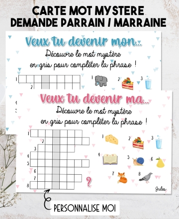 Carte mot mystère pour demande de parrain et marraine originale. jeu pour annoncer prénom bébé